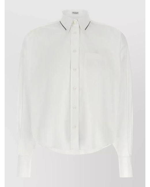 Brunello Cucinelli White Cropped Shirt Shiny Trim Pointed Collar