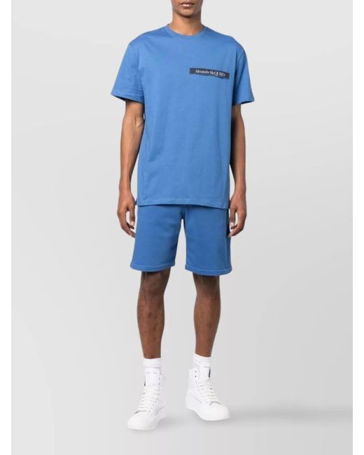 McQueen Blue Cotton Jersey Logo-Trim Knee-Length Chino Shorts for men