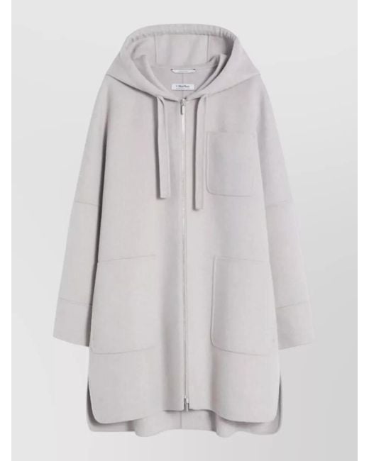 Max Mara White Hooded Long Coat Drop Shoulders Pockets