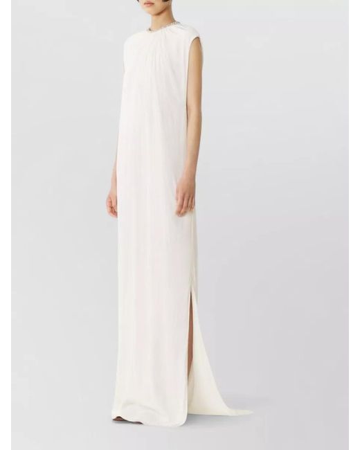 Lanvin White Sleeveless Dress Floor Length Embellished Neckline