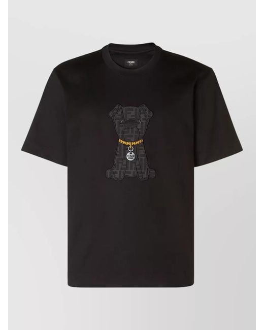 Fendi Black Crew Neck Knit Top Dog Motif Embroidery for men