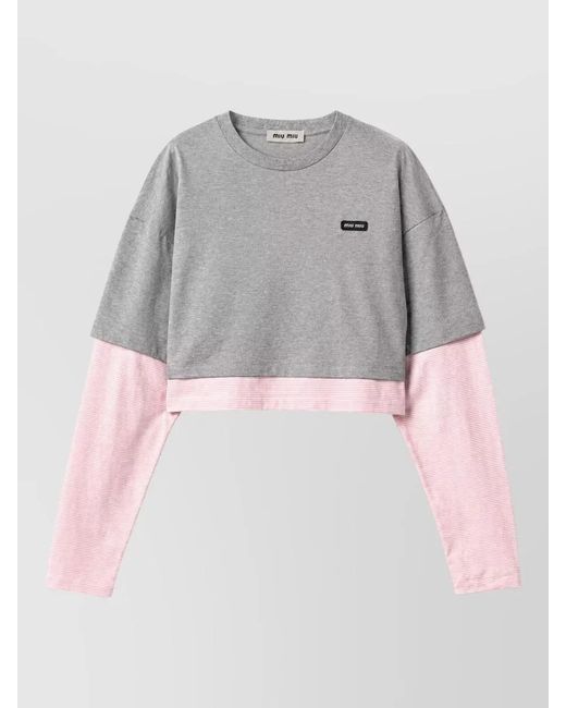 Miu Miu Gray Jersey Cropped Long Sleeve Layered Top