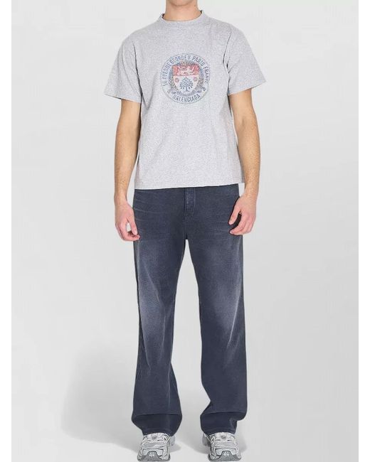 Balenciaga Blue Cotton Ribbed Regular-Fit Logo-Print T-Shirt for men