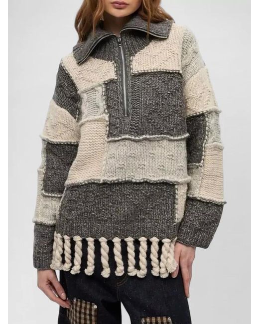 Ganni Multicolor Knit Sweater Fringe Hem Long Sleeves Patchwork