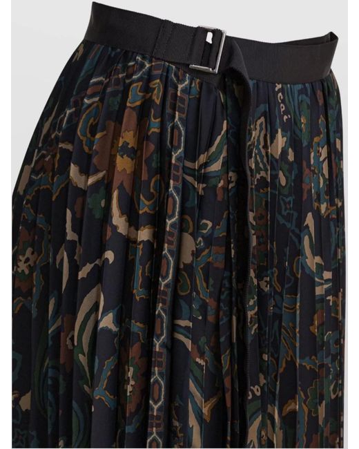 Sacai Black Floral-Print Pleated Skirt