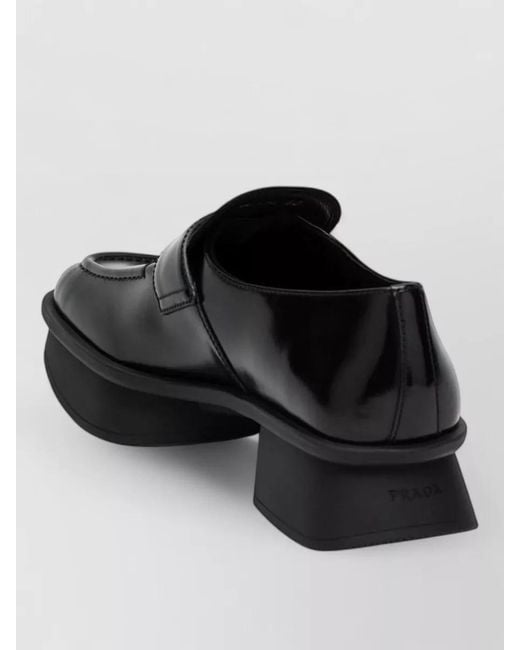 Prada Black Loafers Block Heel Shiny Finish Square Toe