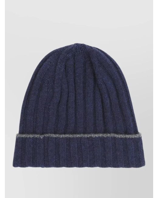 Brunello Cucinelli Blue Cashmere Beanie Ribbed Cuff Stripe Detail for men