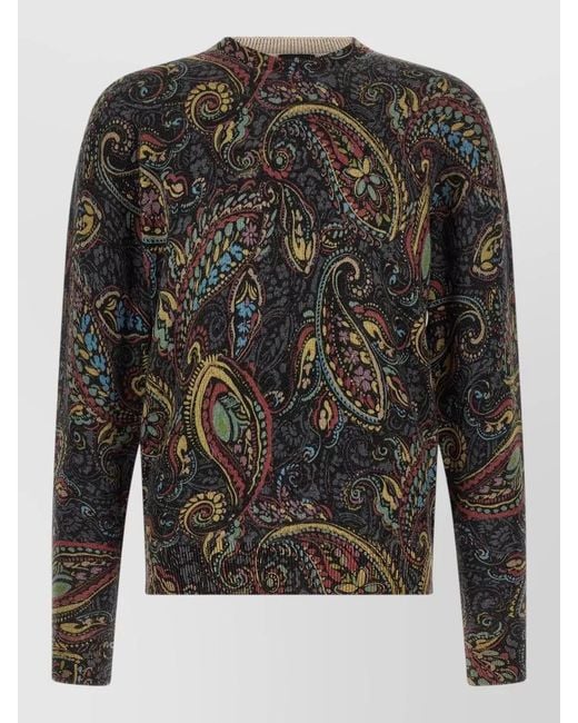 Etro Gray Paisley Knit Crew Neck Long Sleeve Top for men