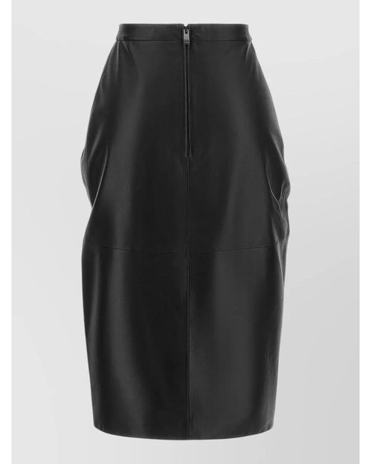 Balmain Black Leather Asymmetric Draped Midi Skirt