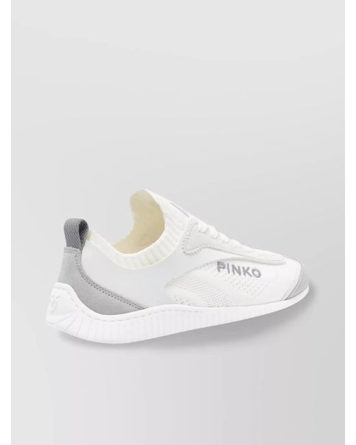 Pinko White Knit And Leather Low-Top Sneakers
