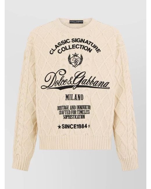 Dolce & Gabbana Natural Cotton Blend Sweater Crew Neck Writings for men