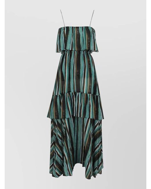 Pinko Green Off Shoulder Muslin Striped Long Dress