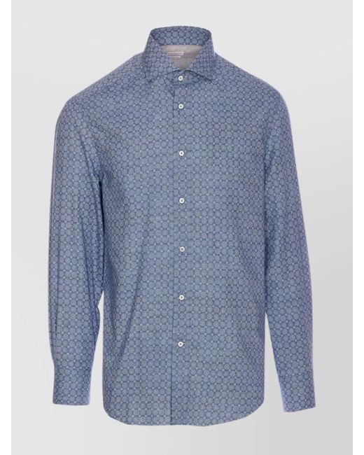 Brunello Cucinelli Blue Printed Shirt With Button-Down Collar And Long Sleeves for men