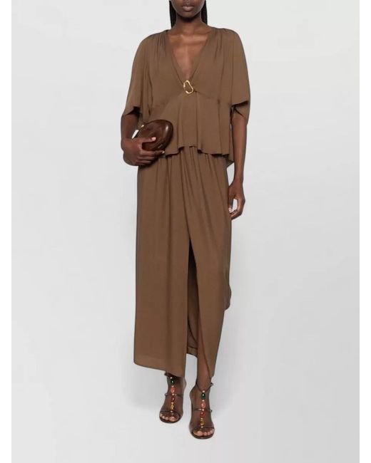 Forte_forte Brown V Neck Dress Cape Sleeves Pearls