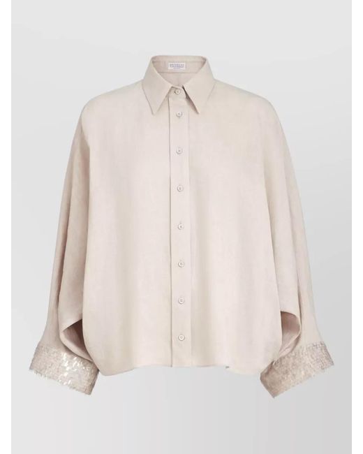 Brunello Cucinelli Natural Linen Shirt Relaxed Silhouette Collared Neck