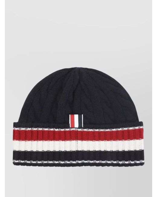 Thom Browne Blue Wool Cable Knit Beanie Striped Cuff for men