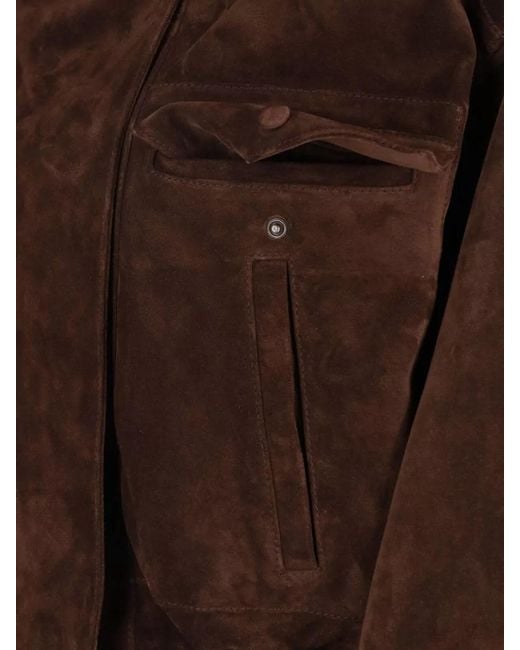 Saint Laurent Brown Cropped Suede Coat Featuring Buttoned Pockets