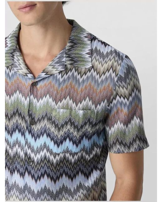 Missoni Blue Short Sleeve Shirt Zigzag Pattern Collar for men