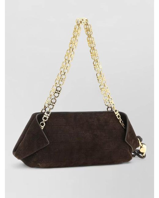 Ferragamo White Small Crocodile Texture Shoulder Chain Clutch