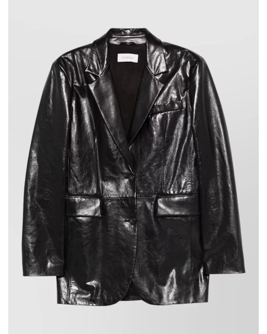 Sportmax Black Leather Jacket Detachable Belt Notched Lapels