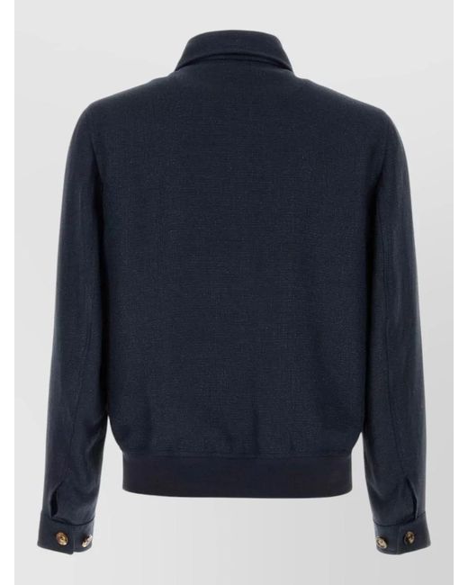 Brunello Cucinelli Blue Silk Linen Wool Hopsack Bomber Jacket for men