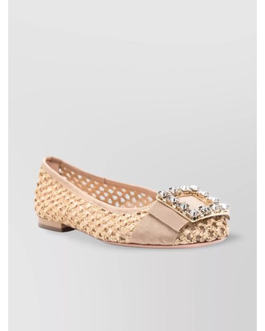 Roger Vivier Natural Crystal Embellished Raffia Ballerina Flats