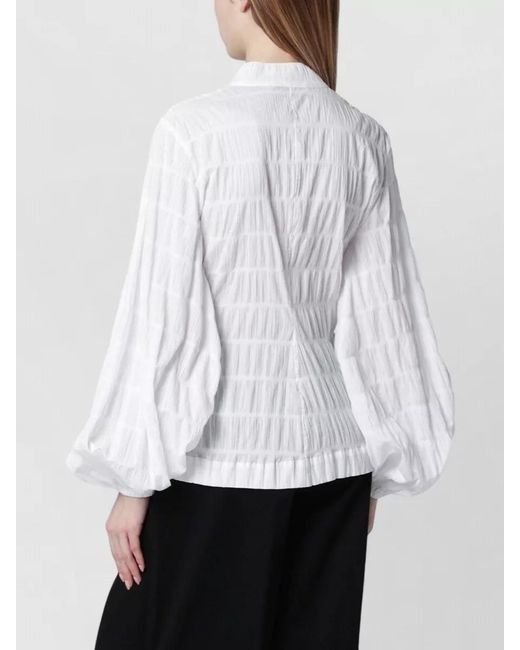 Thelatest White Collared Neck Long Sleeve Textured Top