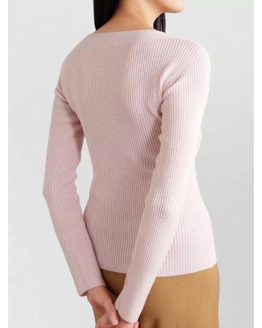 Max Mara Pink V Neck Wool Cashmere Ribbed Top