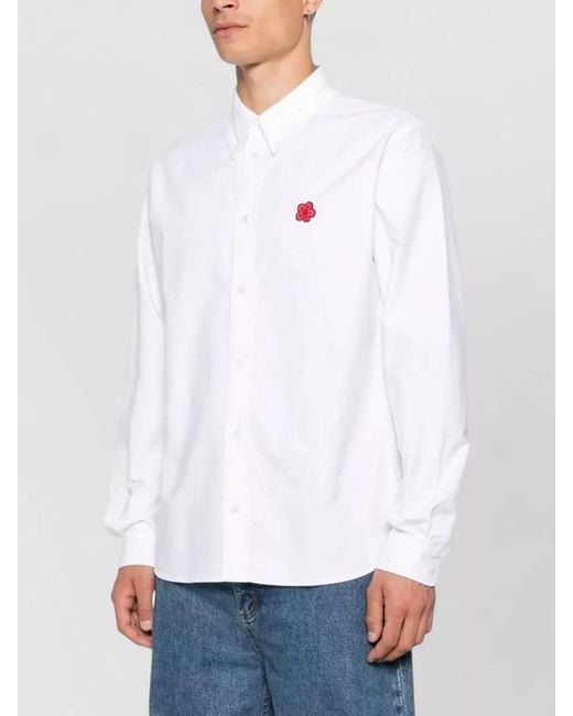 KENZO White Long Sleeve Nylon Silk Shirt Button Collar for men