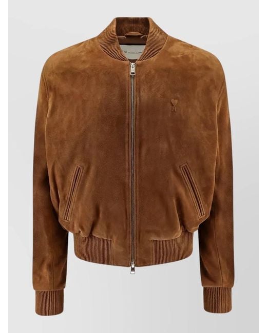 AMI Brown Goatskin Suede Bomber Jacket Ribbed Cuffs Hem for men