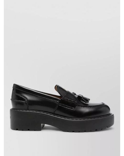 Miu Miu Black Leather Loafers Round Toe Tassel Chunky Sole