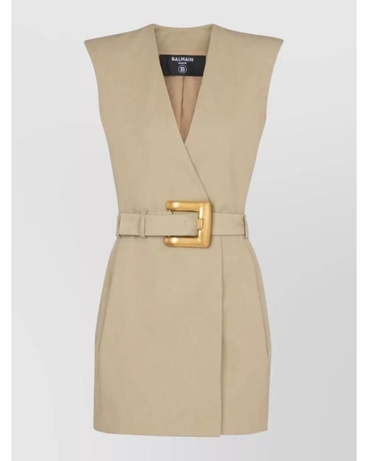 Balmain Natural Cotton V-Neck Sleeveless Belted Mini Dress