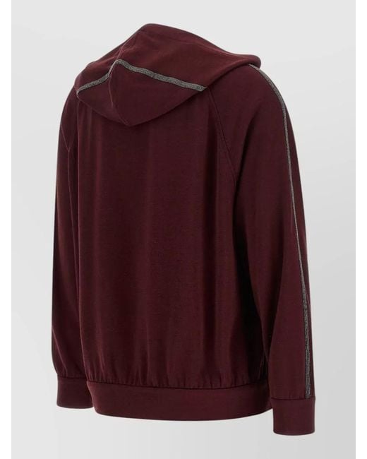 Brunello Cucinelli Red Cotton Blend Hoodie Raglan Shoulders Side Stripes