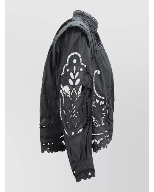 Farm Rio Black Embroidered High Neck Button Blouse