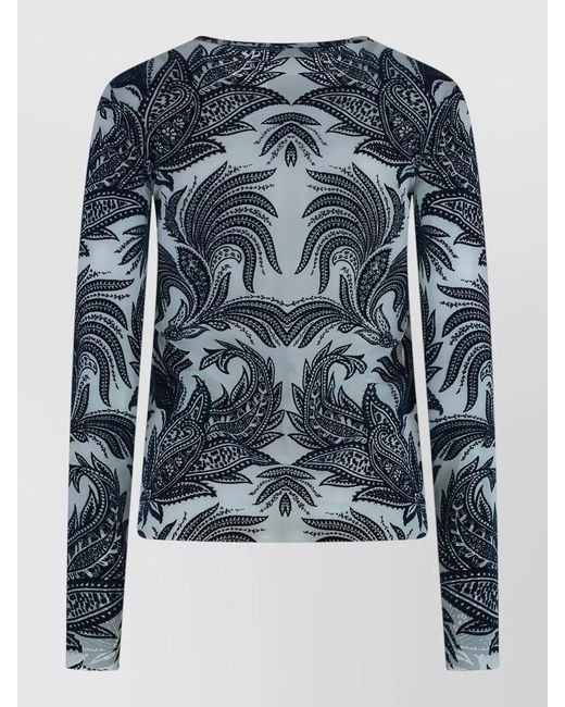 Etro Blue Tulle Top Velvet Print Floral Motif