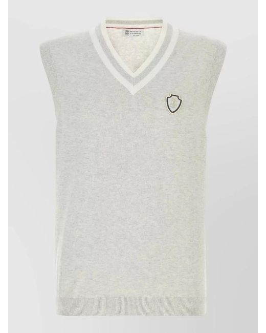 Brunello Cucinelli White Cotton Vest Ribbed Hem Sleeveless V Neck for men
