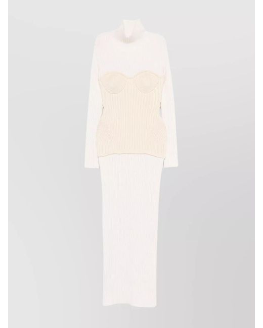 Jean Paul Gaultier White Merino Wool Ribbed Turtleneck Maxi Dress
