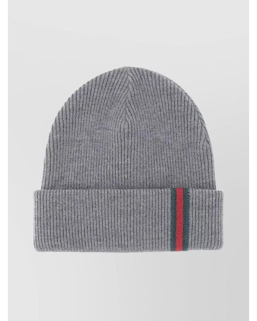 Gucci Gray Ribbed Wool Hat Featuring Web Design