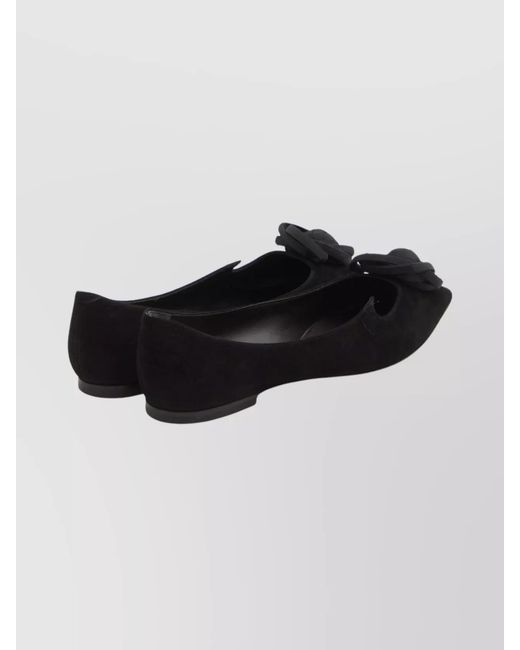 Roger Vivier Black Suede Leather Rose-Detail Pointed-Toe Ballerina Shoes
