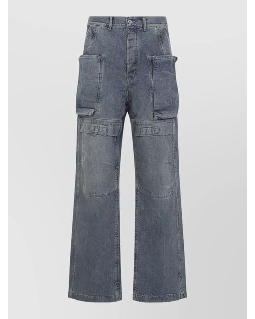 Rick Owens Blue Denim Low-Rise Wide-Leg Cargo Trousers for men