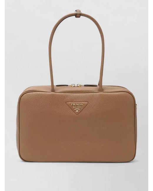 Prada Natural Shoulder Bag Rectangular Shape Textured Finish Top Handles