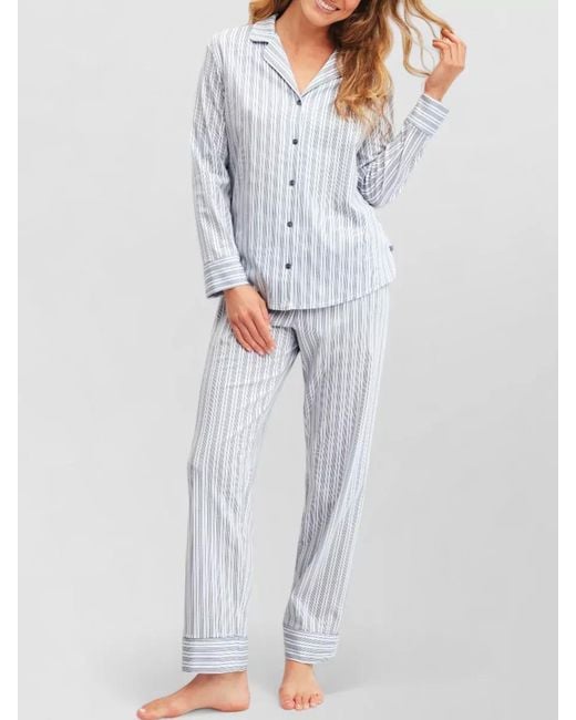 Calida White Striped Long Sleeve Pyjama Set Notch Collar