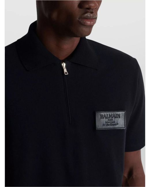 Balmain Black Couture Label Zipped Polo Shirt for men