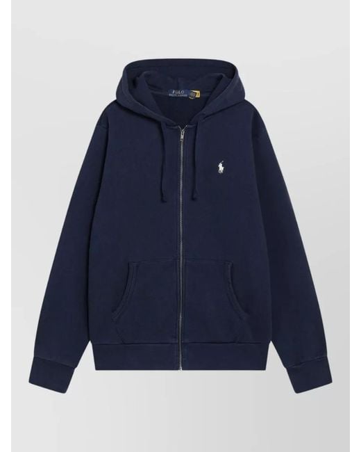 Polo Ralph Lauren Blue Knit Hoodie Sweater Front Pockets Ribbed Trims for men