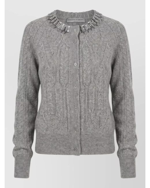Ermanno Scervino Gray Cashmere Cardigan Cable Knit Decorative Neckline