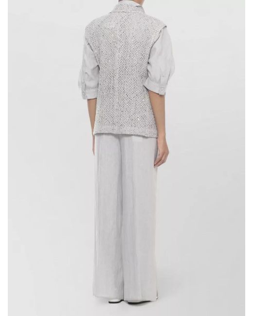 Panicale White Knit Blazer Sequin Lapel Open Sleeveless