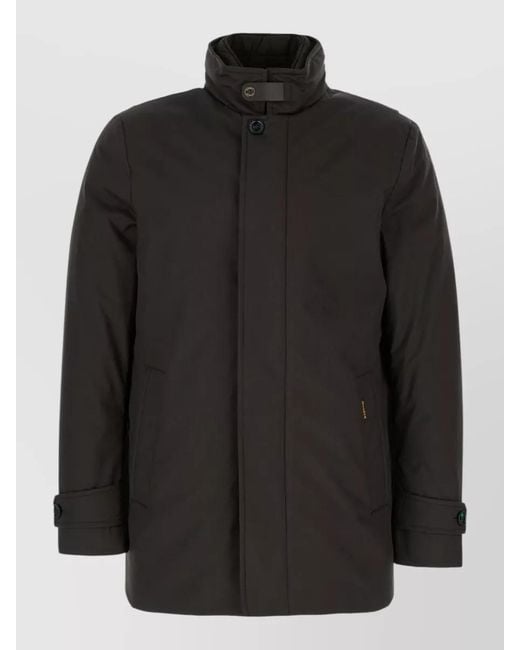 Moorer Black Quilted Polyester Down Jacket High Collar Pockets for men