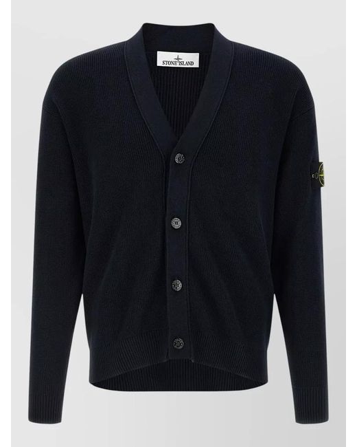 Stone Island Blue Ribbed Cotton V-Neck Cardigan for men