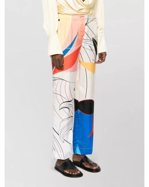 F.R.S For Restless Sleepers White Silk Trousers Bold Motif Wide Leg