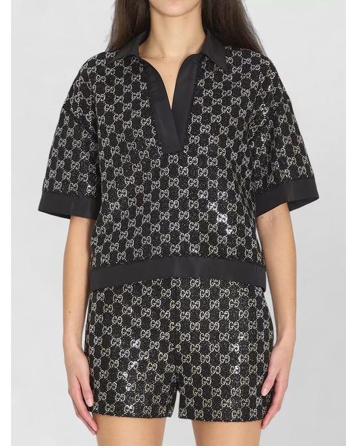 Gucci Black Lamé Tweed V-Neck Short-Sleeve Shirt